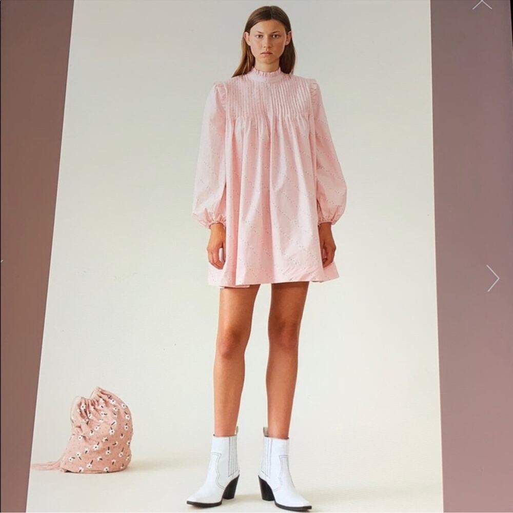 Ganni Weston Mini Pink Silver Floral Pintuck Dress Size 6 NWT